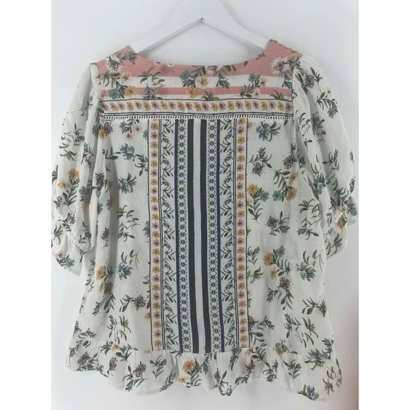 Lucky Brand Womens Floral Print Y2K Boho Peasant Flutter Blouse Size L T1000 - Picture 10 of 16